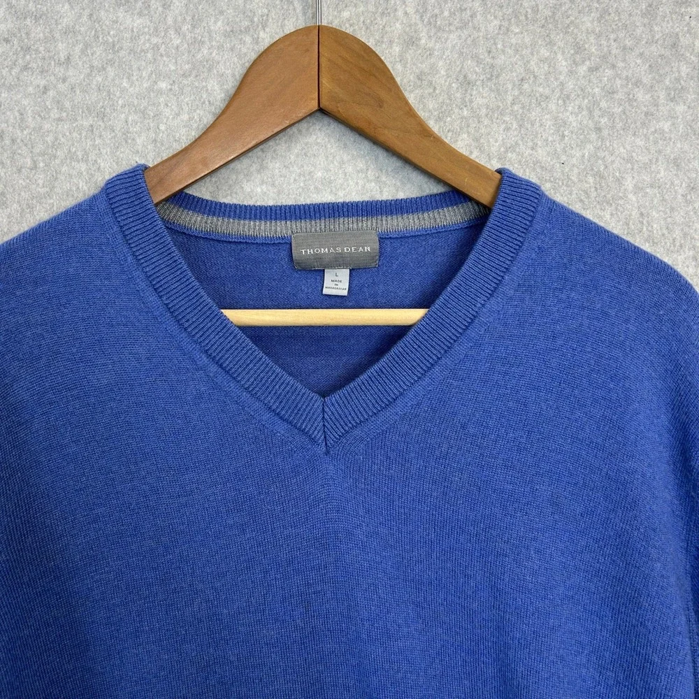 Thomas Dean V-Neck Sweater Blue Extrafine Merino Wool Old Money Mens Large READ